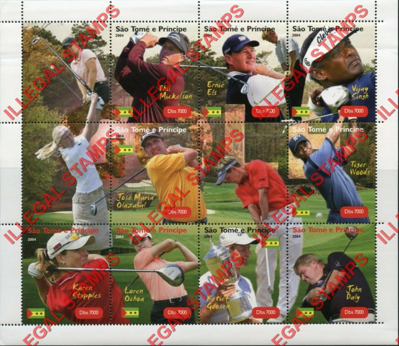 Saint Thomas and Prince Islands 2004 Golf Players Illegal Stamp Souvenir Sheet of 9 With 3 Labels
