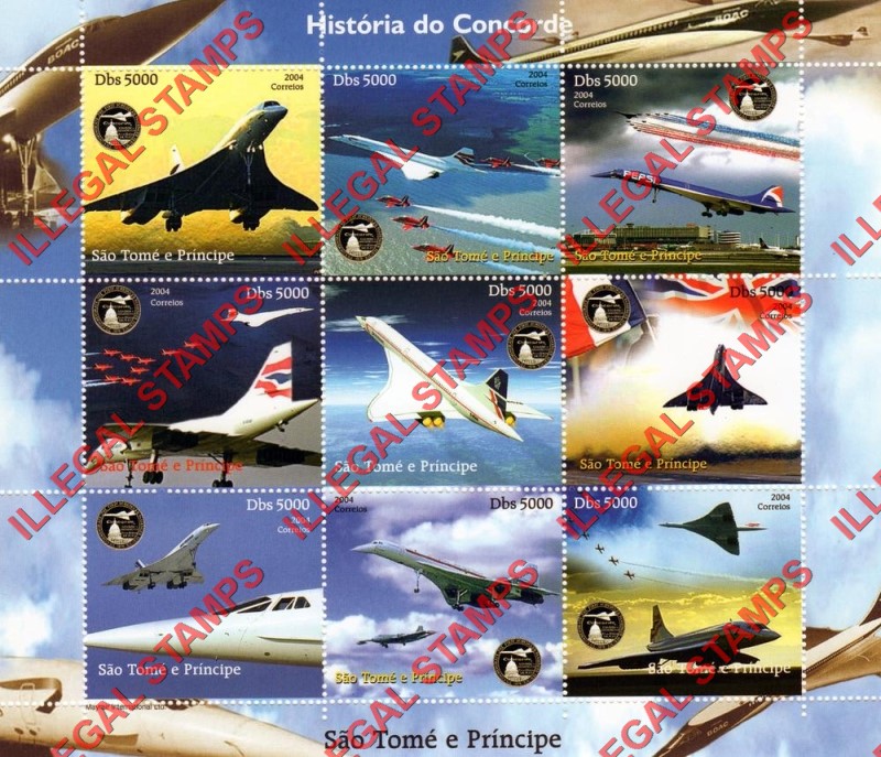 Saint Thomas and Prince Islands 2004 History of Concorde Illegal Stamp Souvenir Sheet of 9
