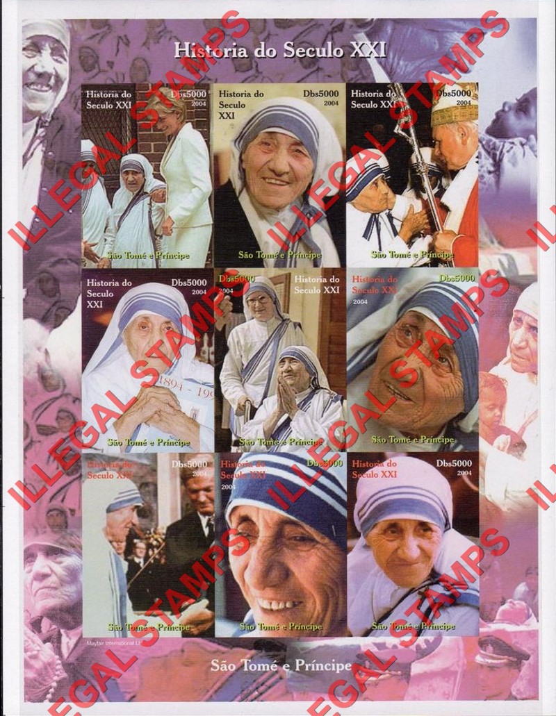 Saint Thomas and Prince Islands 2004 History Mother Teresa Illegal Stamp Souvenir Sheet of 9