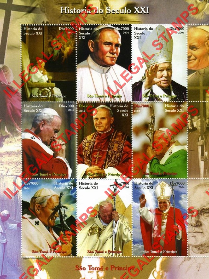 Saint Thomas and Prince Islands 2004 History Pope John Paul II Illegal Stamp Souvenir Sheet of 9
