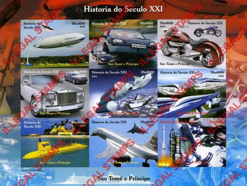 Saint Thomas and Prince Islands 2004 History Vehicles Transportation Illegal Stamp Souvenir Sheet of 9