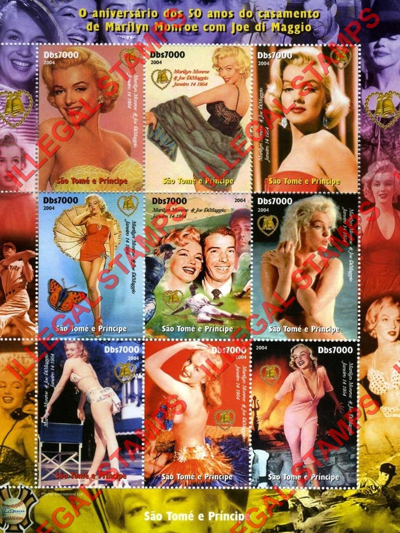 Saint Thomas and Prince Islands 2004 Marilyn Monroe Illegal Stamp Souvenir Sheet of 9