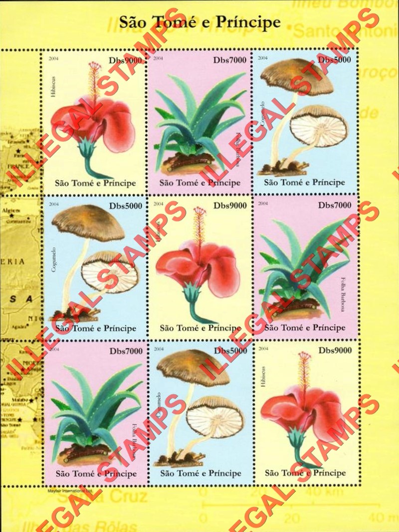 Saint Thomas and Prince Islands 2004 Mushrooms and Cactus Illegal Stamp Souvenir Sheet of 9