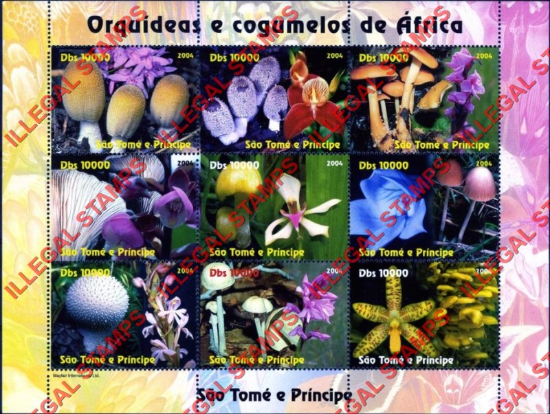 Saint Thomas and Prince Islands 2004 Orchids and Mushrooms Illegal Stamp Souvenir Sheet of 9