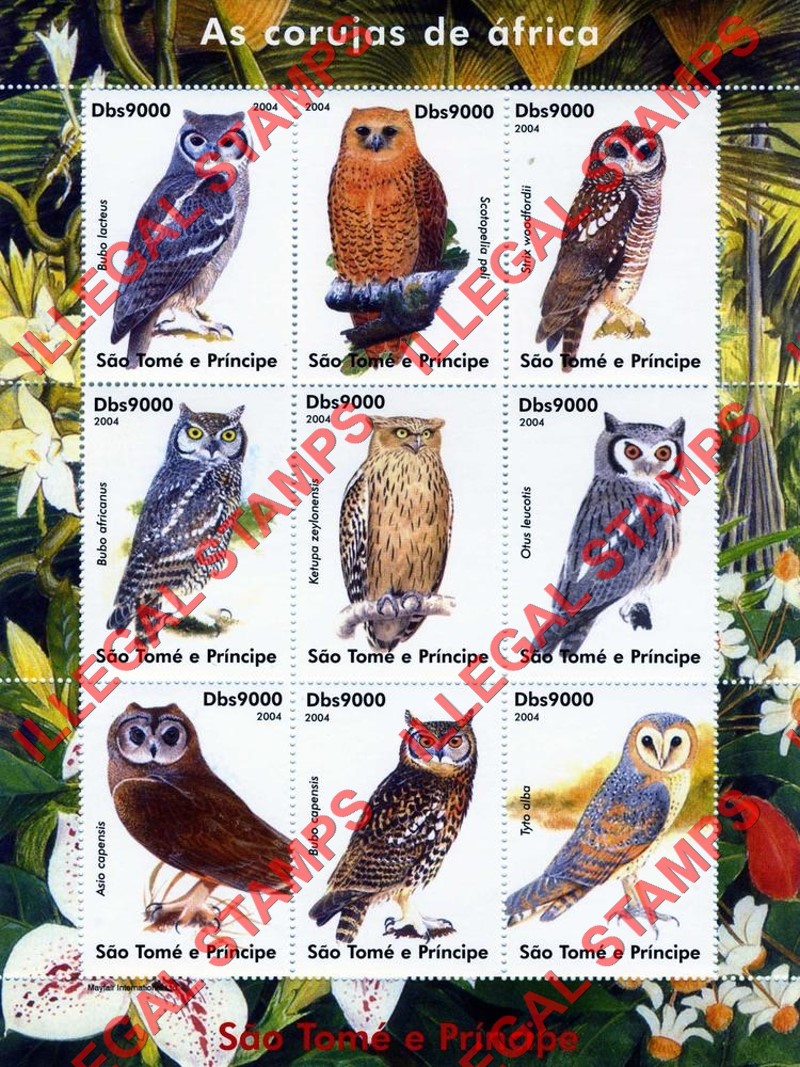 Saint Thomas and Prince Islands 2004 Owls of Africa Illegal Stamp Souvenir Sheet of 9