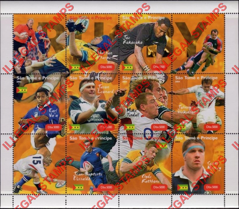 Saint Thomas and Prince Islands 2004 Rugby Players Illegal Stamp Souvenir Sheet of 9 With 3 Labels