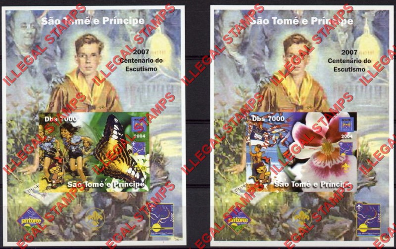 Saint Thomas and Prince Islands 2004 Scout Jamboree Scouts and Orchids, Scouts and Butterflies, Scouts and Birds Illegal Stamp Deluxe Souvenir Sheets of 1 (example)