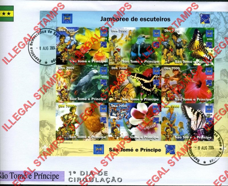 Saint Thomas and Prince Islands 2004 Scout Jamboree Scouts and Orchids, Scouts and Butterflies, Scouts and Birds Illegal Stamp Souvenir Sheet of 9 on Fake First Day Cover