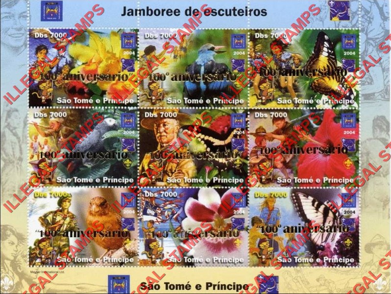 Saint Thomas and Prince Islands 2004 Scout Jamboree Scouts and Orchids, Scouts and Butterflies, Scouts and Birds Illegal Stamp Souvenir Sheet of 9 With Gold Overprint