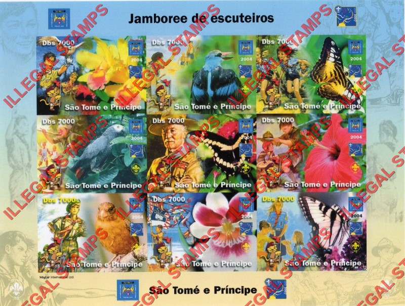 Saint Thomas and Prince Islands 2004 Scout Jamboree Scouts and Orchids, Scouts and Butterflies, Scouts and Birds Illegal Stamp Souvenir Sheet of 9