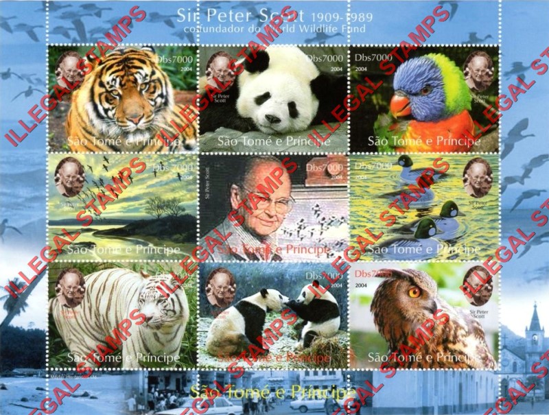 Saint Thomas and Prince Islands 2004 Sir Peter Scott with Animals Founder of WWF Illegal Stamp Souvenir Sheet of 9