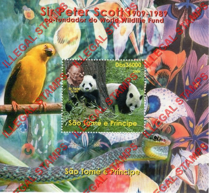 Saint Thomas and Prince Islands 2004 Sir Peter Scott with Pandas Founder of WWF Illegal Stamp Souvenir Sheet of 1