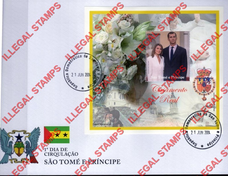 Saint Thomas and Prince Islands 2004 Spanish Royal Wedding Illegal Stamp Souvenir Sheet of 1 on Fake First Day Cover
