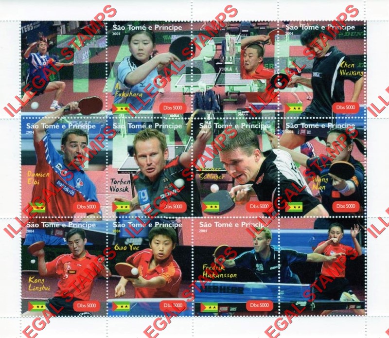 Saint Thomas and Prince Islands 2004 Table Tennis Players Illegal Stamp Souvenir Sheet of 9 With 3 Labels