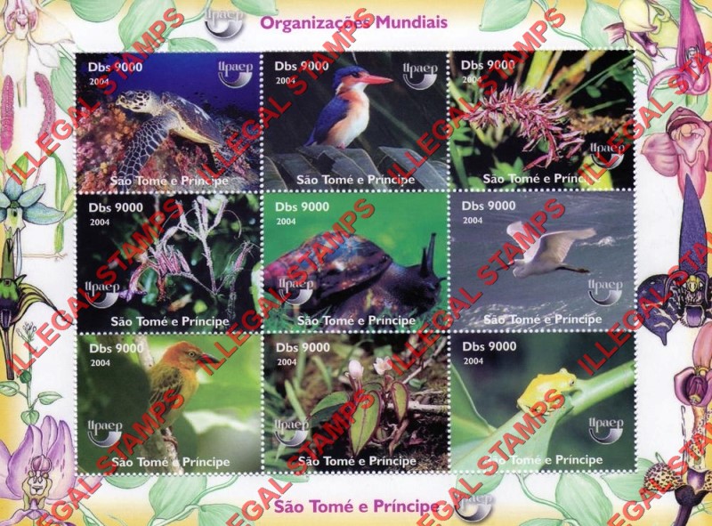 Saint Thomas and Prince Islands 2004 UPAEP Fauna and Flora Illegal Stamp Souvenir Sheet of 9