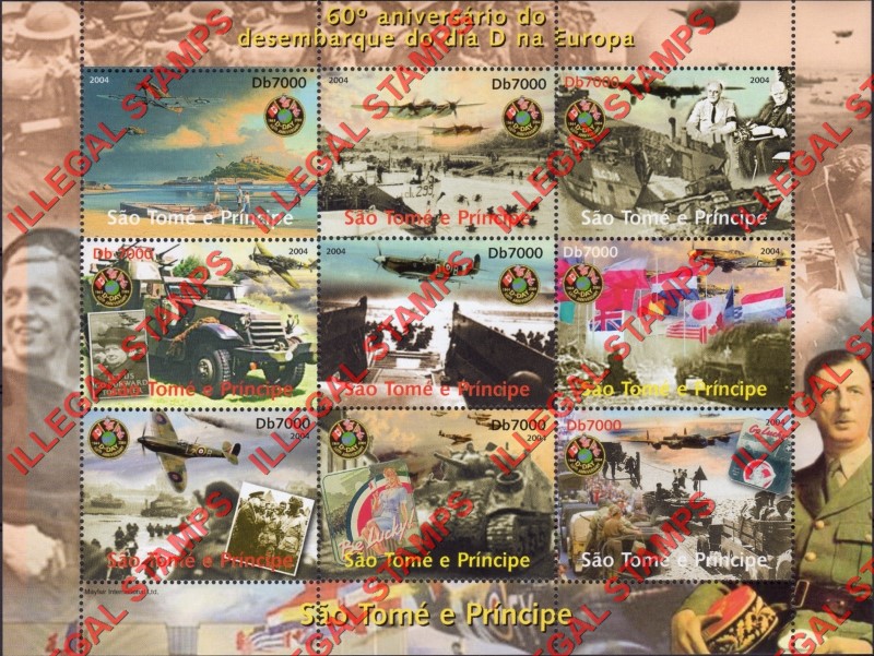 Saint Thomas and Prince Islands 2004 World War II D-Day Illegal Stamp Souvenir Sheet of 9