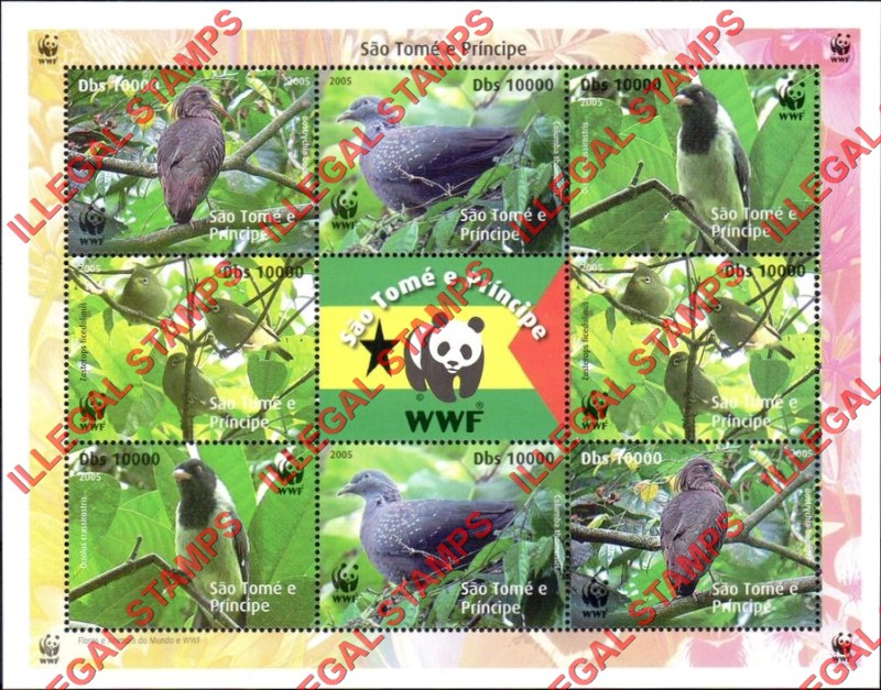 Saint Thomas and Prince Islands 2005 Birds WWF (World Wildlife Fund) Illegal Stamp Souvenir Sheet of 9