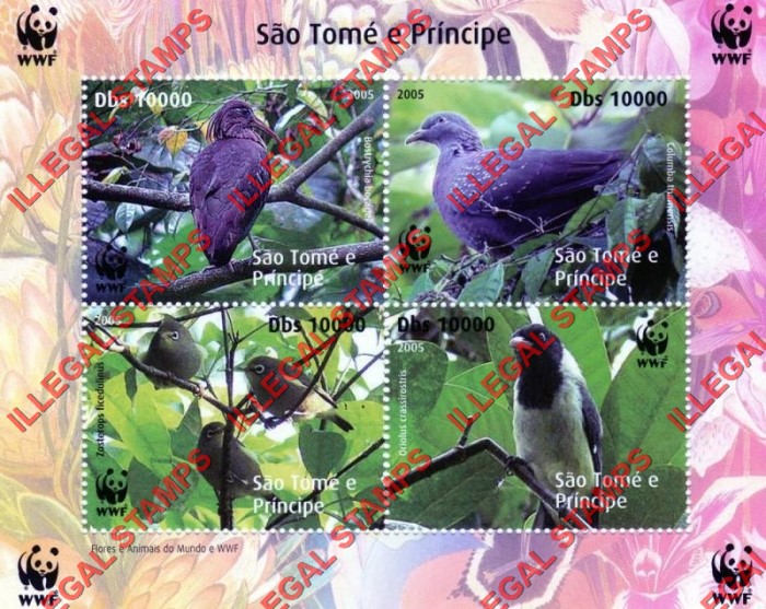 Saint Thomas and Prince Islands 2005 Birds WWF (World Wildlife Fund) Illegal Stamp Souvenir Sheet of 4
