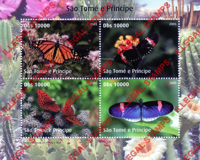 Saint Thomas and Prince Islands 2005 Butterflies Illegal Stamp Souvenir Sheet of 4