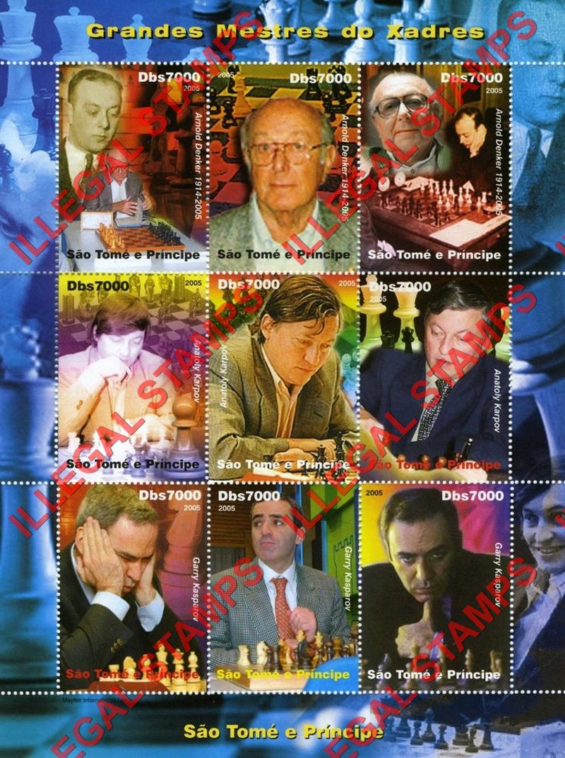 Saint Thomas and Prince Islands 2005 Chess Masters Illegal Stamp Souvenir Sheet of 9