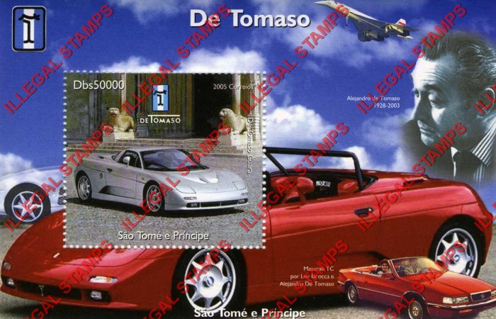 Saint Thomas and Prince Islands 2005 De Tomaso Maserati Illegal Stamp Souvenir Sheet of 1