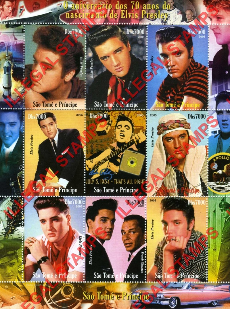 Saint Thomas and Prince Islands 2005 Elvis Presley Illegal Stamp Souvenir Sheet of 9