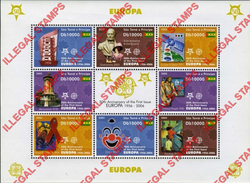 Saint Thomas and Prince Islands 2005 EUROPA 50th Anniversary of the First Issue Illegal Stamp Souvenir Sheet of 9