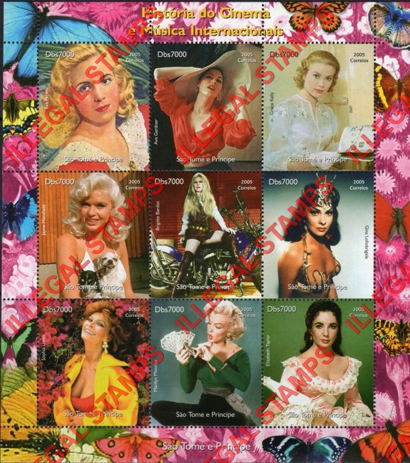 Saint Thomas and Prince Islands 2005 History of Cinema and International Music Illegal Stamp Souvenir Sheet of 9