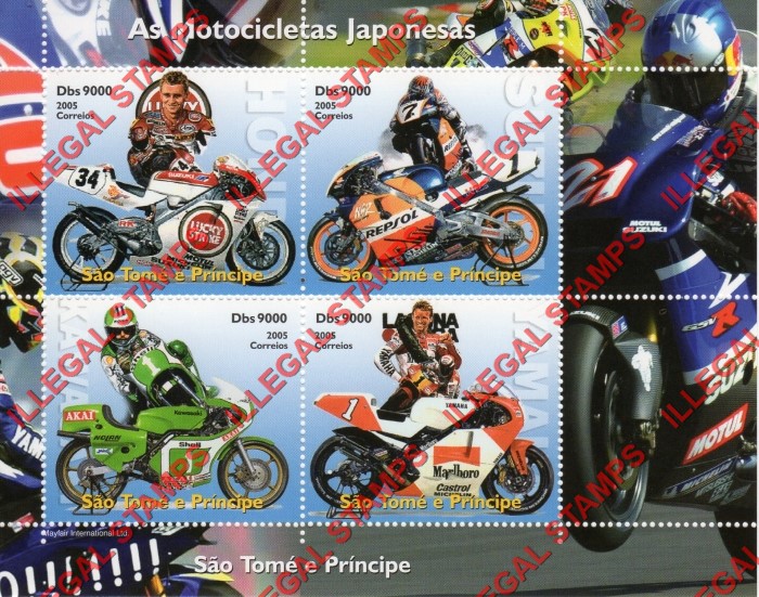 Saint Thomas and Prince Islands 2005 Japanese Motorcycles Illegal Stamp Souvenir Sheet of 4