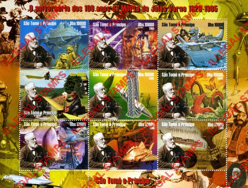 Saint Thomas and Prince Islands 2005 Jules Verne Illegal Stamp Souvenir Sheet of 9