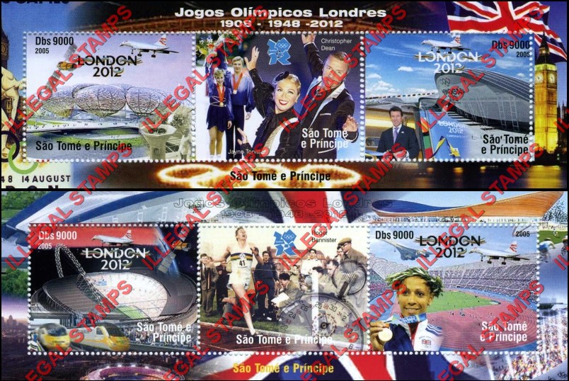Saint Thomas and Prince Islands 2005 Olympic Games in London in 2012 Illegal Stamp Souvenir Sheets of 2 Plus Label