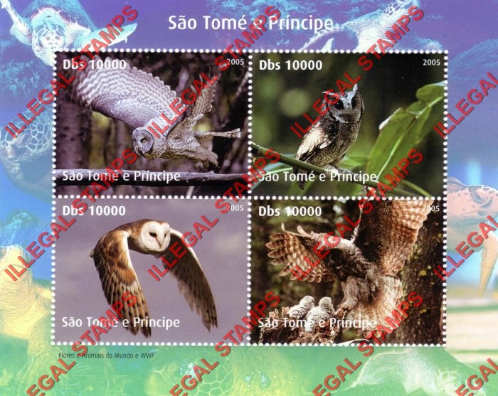 Saint Thomas and Prince Islands 2005 Owls Illegal Stamp Souvenir Sheet of 4