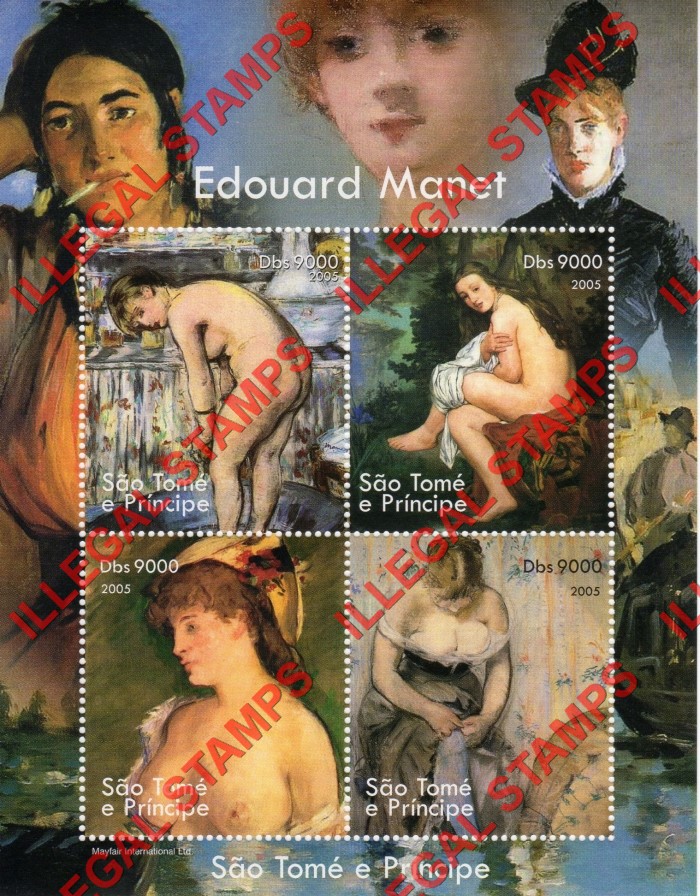 Saint Thomas and Prince Islands 2005 Paintings by Edouard Monet Illegal Stamp Souvenir Sheet of 4
