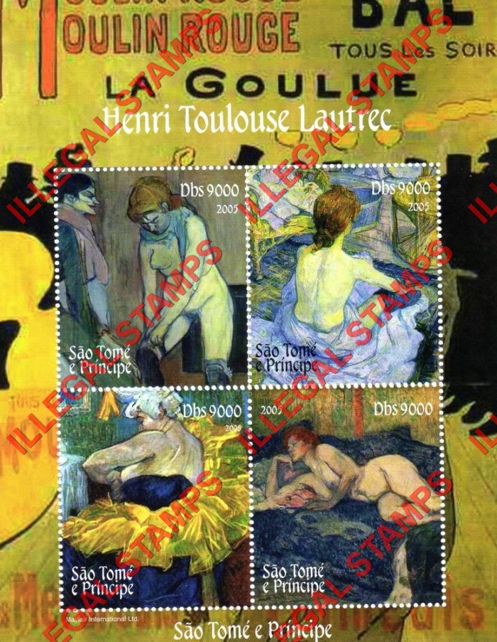 Saint Thomas and Prince Islands 2005 Paintings by Henri Toulouse Lautrec Illegal Stamp Souvenir Sheet of 4