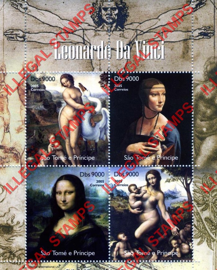 Saint Thomas and Prince Islands 2005 Paintings by Leonardo Da Vinci Illegal Stamp Souvenir Sheet of 4