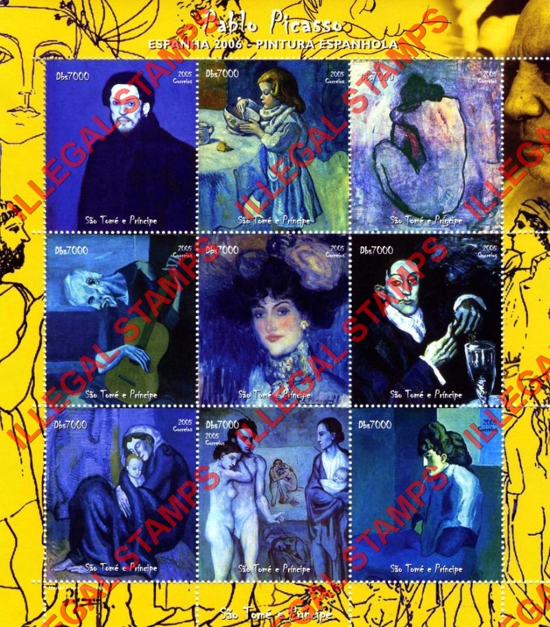 Saint Thomas and Prince Islands 2005 Paintings by Pablo Picasso Illegal Stamp Souvenir Sheet of 9