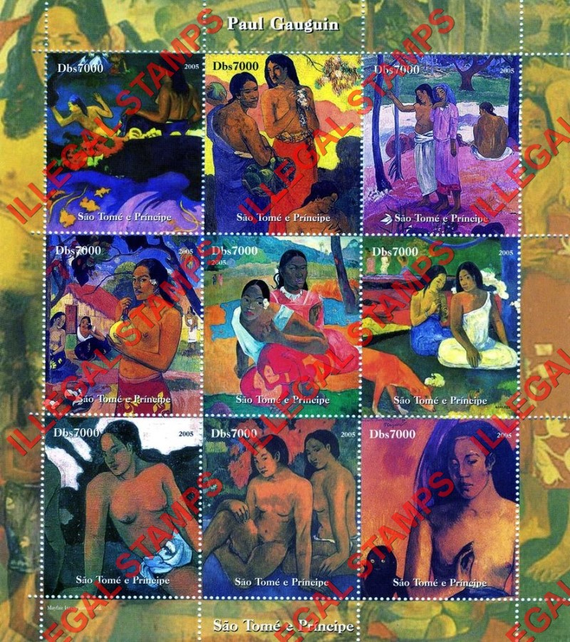 Saint Thomas and Prince Islands 2005 Paintings by Paul Gauguin Illegal Stamp Souvenir Sheet of 9