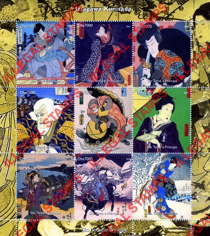 Saint Thomas and Prince Islands 2005 Paintings by Utagawa Kunisada Illegal Stamp Souvenir Sheet of 9