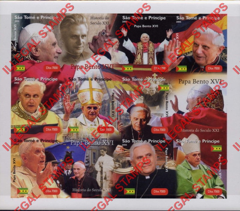 Saint Thomas and Prince Islands 2005 Pope Benedict XVI Illegal Stamp Souvenir Sheet of 9 Plus 3 Labels
