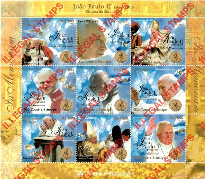 Saint Thomas and Prince Islands 2005 Pope John Paul II Illegal Stamp Souvenir Sheet of 9