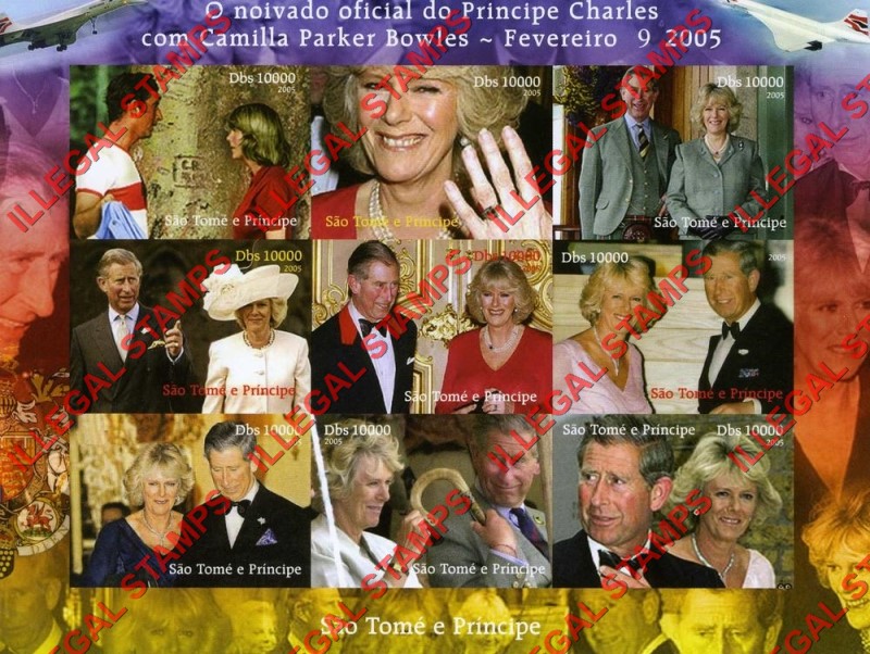 Saint Thomas and Prince Islands 2005 Prince Charles and Camilla Parker Bowles Illegal Stamp Souvenir Sheet of 9