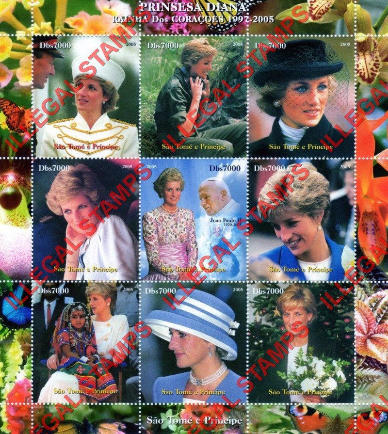 Saint Thomas and Prince Islands 2005 Princess Diana Illegal Stamp Souvenir Sheet of 9 (Sheet 1)