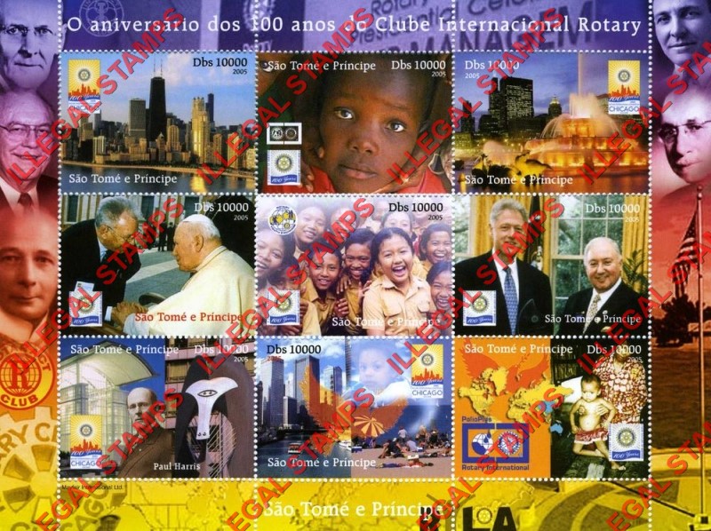 Saint Thomas and Prince Islands 2005 Rotary International Illegal Stamp Souvenir Sheet of 9