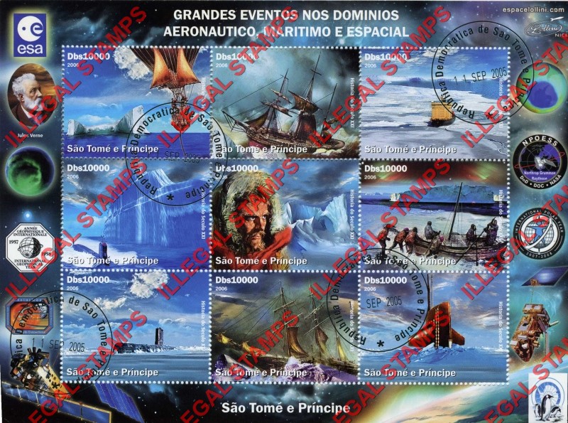 Saint Thomas and Prince Islands 2006 Major Events Arctic Exploration Ships and Submarines Illegal Stamp Souvenir Sheet of 9