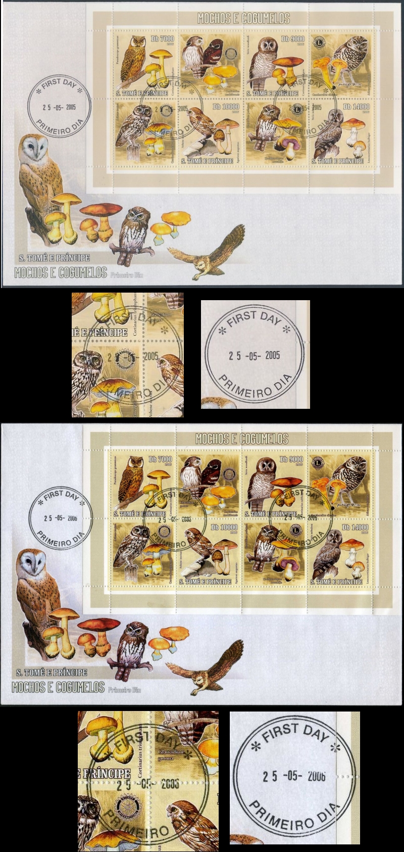 Saint Thomas and Prince Islands 2006 Owls and Mushrooms Stamperija Issue on 2005 and 2006 First Day Covers