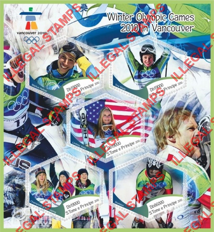 Saint Thomas and Prince Islands 2010 Olympic Games in Vancouver Illegal Stamp Souvenir Sheet of 5