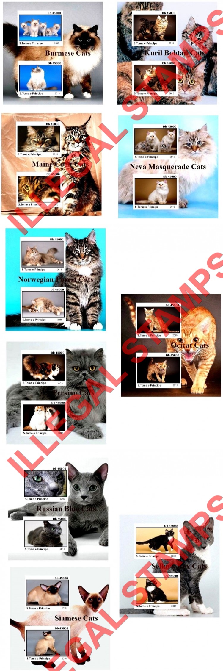 Saint Thomas and Prince Islands 2015 Cats Illegal Stamp Souvenir Sheets of 2 (Part 2)