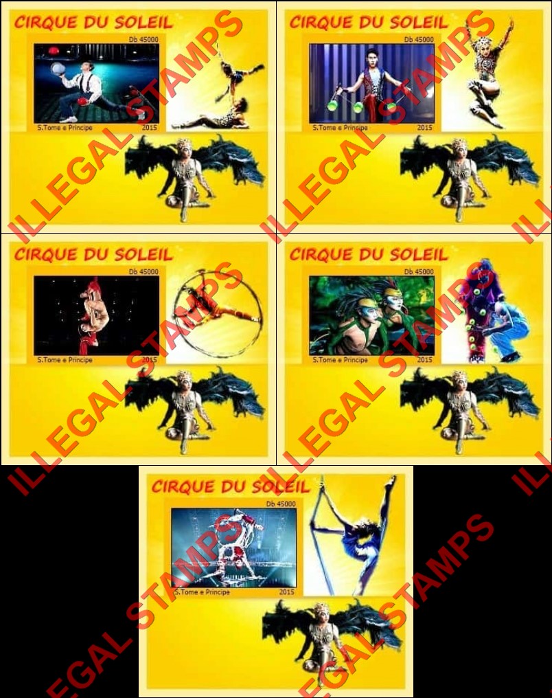 Saint Thomas and Prince Islands 2015 Circus Cirque du Soleil (different) Illegal Stamp Souvenir Sheets of 1 (Part 1)