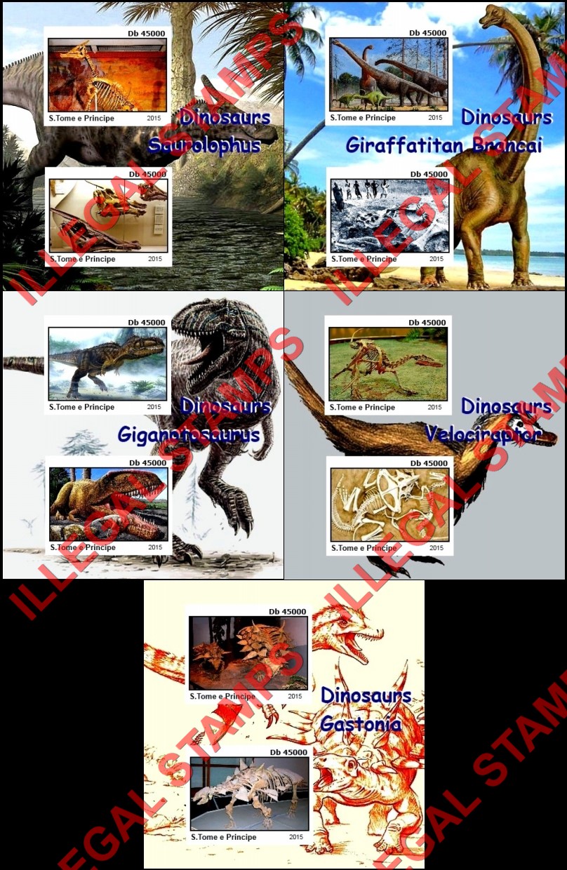 Saint Thomas and Prince Islands 2015 Dinosaurs Illegal Stamp Souvenir Sheets of 2 (Part 1)