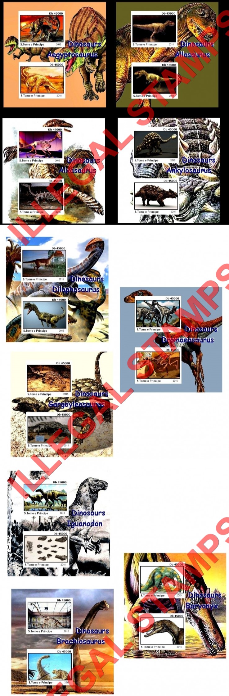 Saint Thomas and Prince Islands 2015 Dinosaurs Illegal Stamp Souvenir Sheets of 2 (Part 2)